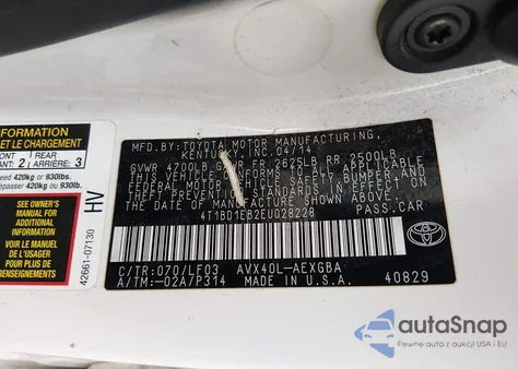 2014 Toyota Avalon Hybrid Xle Premium z USA, uszkodzony, nr VIN 4T1BD1EB2EU028228